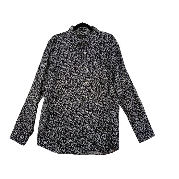 Banana Republic Slim Fit XL Navy & White Leaf Print Linen Blend Long Sleeve Butt - Picture 1 of 10